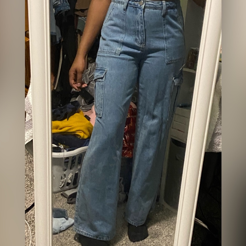 shein blue denim high rise cargo jeans